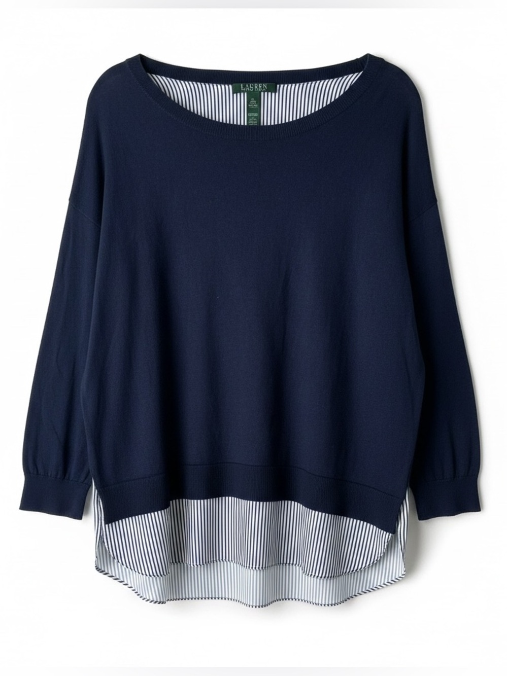 LAUREN RALPH LAUREN Navy Crewneck Sweater with Striped Hem